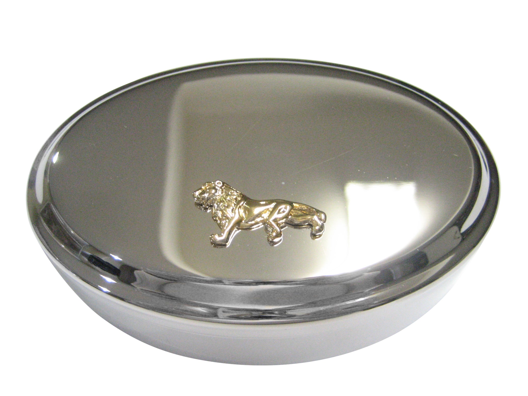 Gold Toned Shiny Textured Lion Oval Trinket Jewelry Box