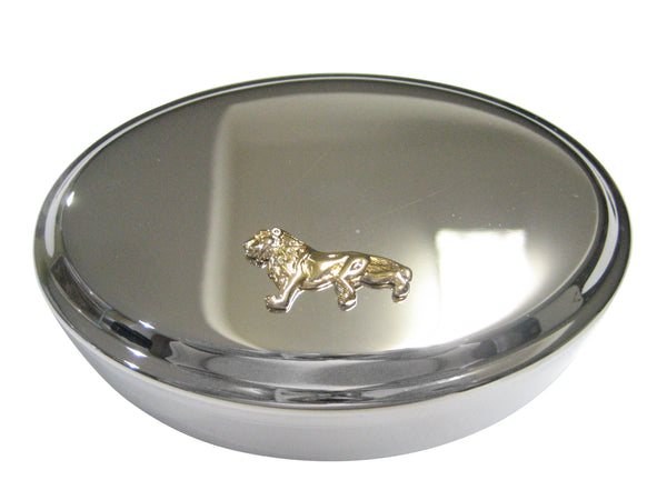 Gold Toned Shiny Textured Lion Oval Trinket Jewelry Box