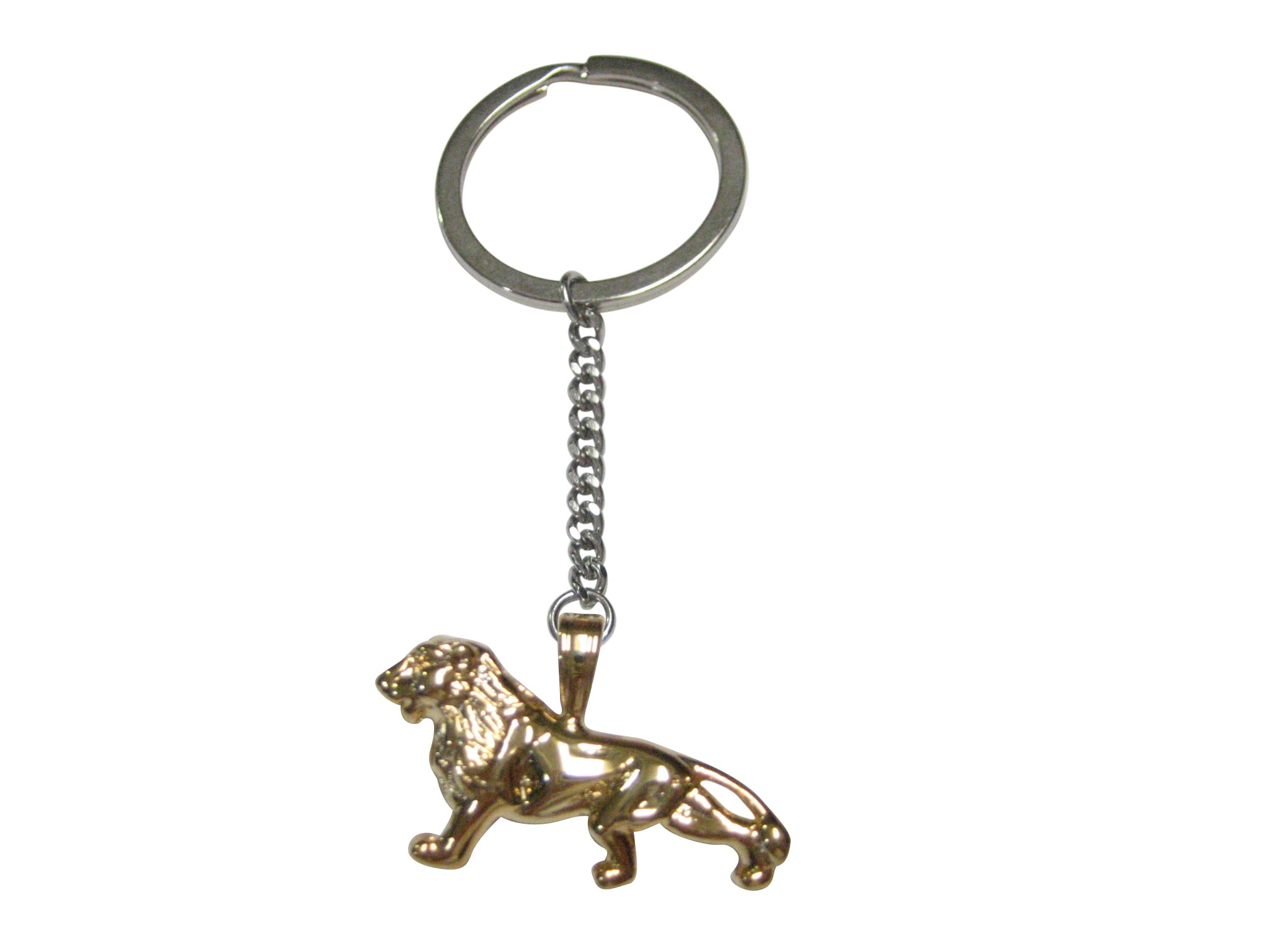 Gold Toned Shiny Textured Lion Pendant Keychain