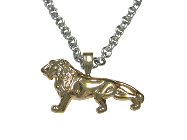 Gold Toned Shiny Textured Lion Pendant Necklace