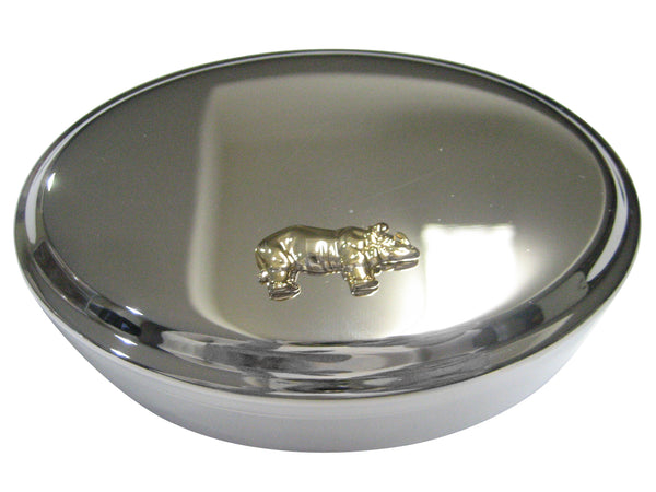 Gold Toned Shiny Textured Rhino Oval Trinket Jewelry Box