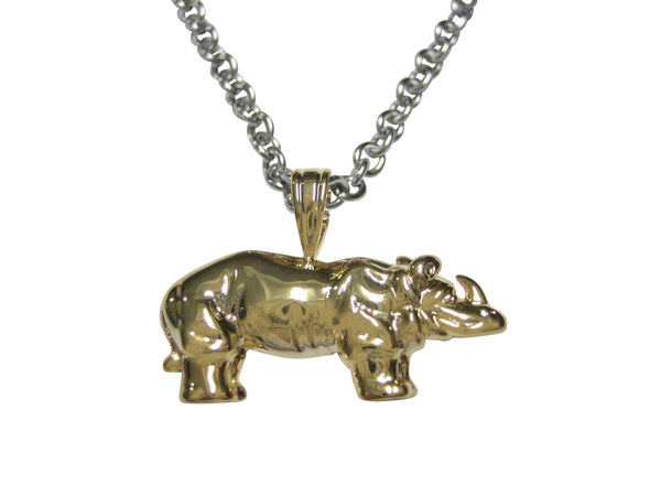 Gold Toned Shiny Textured Rhino Pendant Necklace