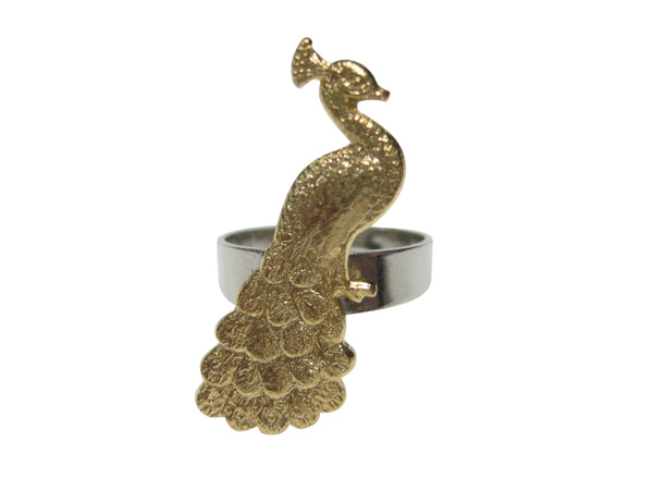 Gold Toned Sitting Peacock Bird Adjustable Size Fashion Ring