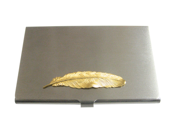 Gold Toned Textured Feather Pendant Business Card Holder