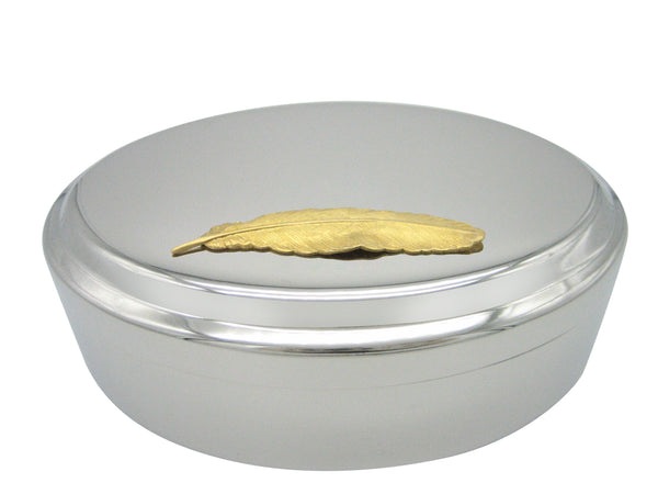 Gold Toned Textured Feather Pendant Oval Trinket Jewelry Box
