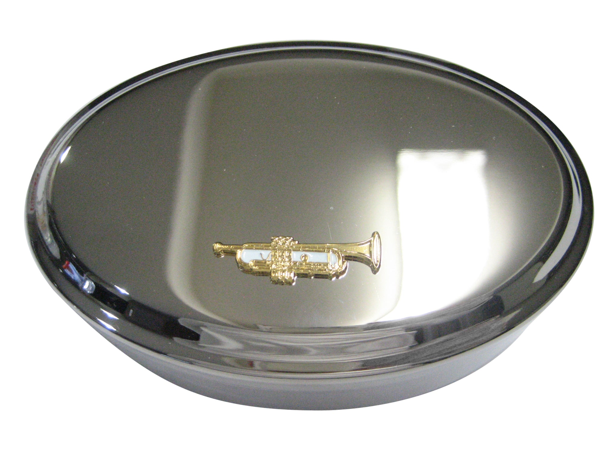 Gold Toned Textured Musical Trumpet Oval Trinket Jewelry Box