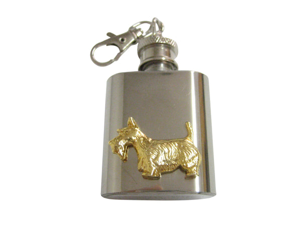 Gold Toned Textured Scottish Terrier Dog 1 Oz. Stainless Steel Key Chain Flask