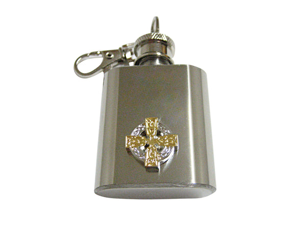 Gold and Silver Toned Celtic Cross 1 Oz. Stainless Steel Key Chain Flask
