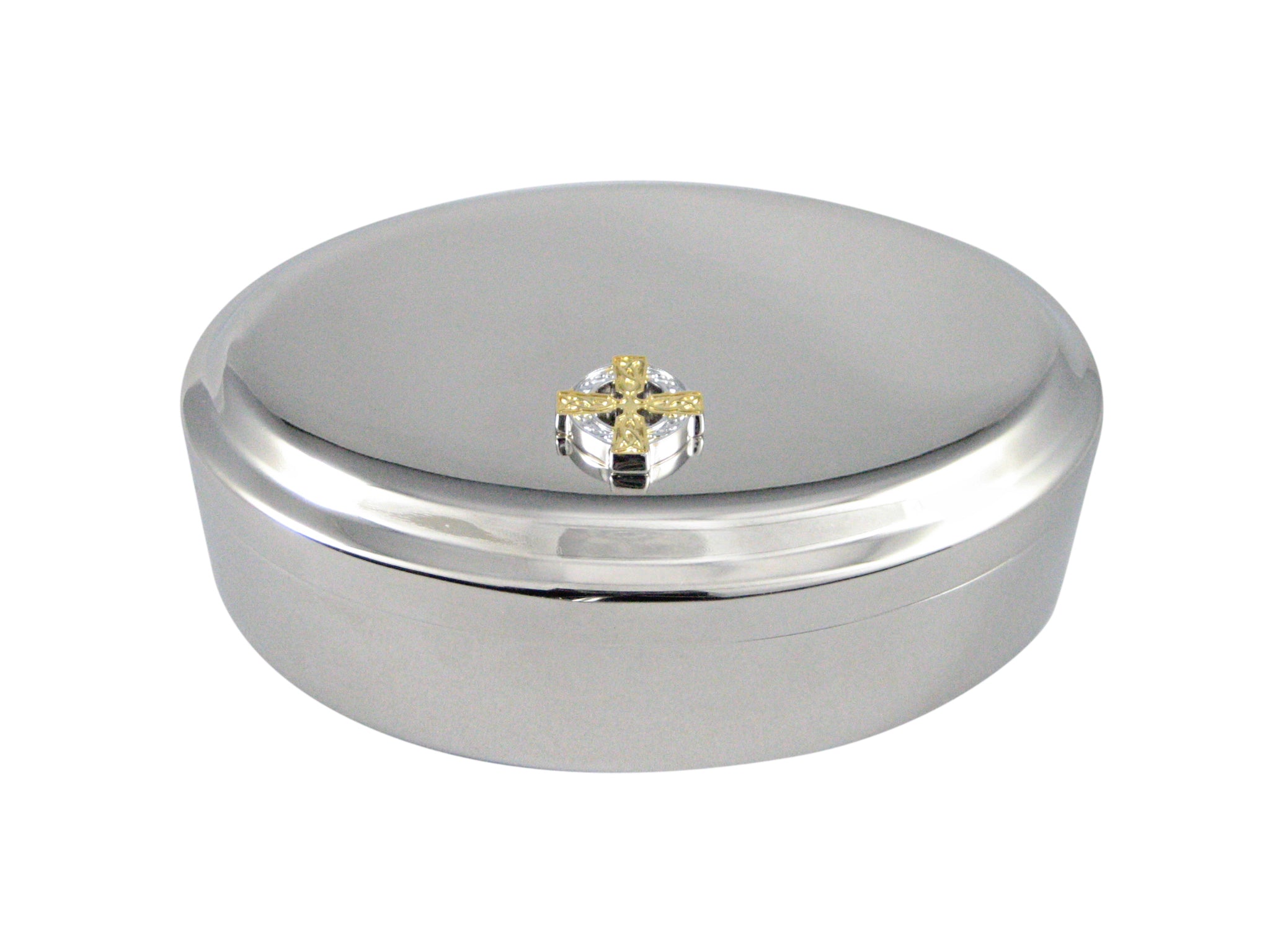Gold and Silver Toned Celtic Cross Pendant Oval Trinket Jewelry Box
