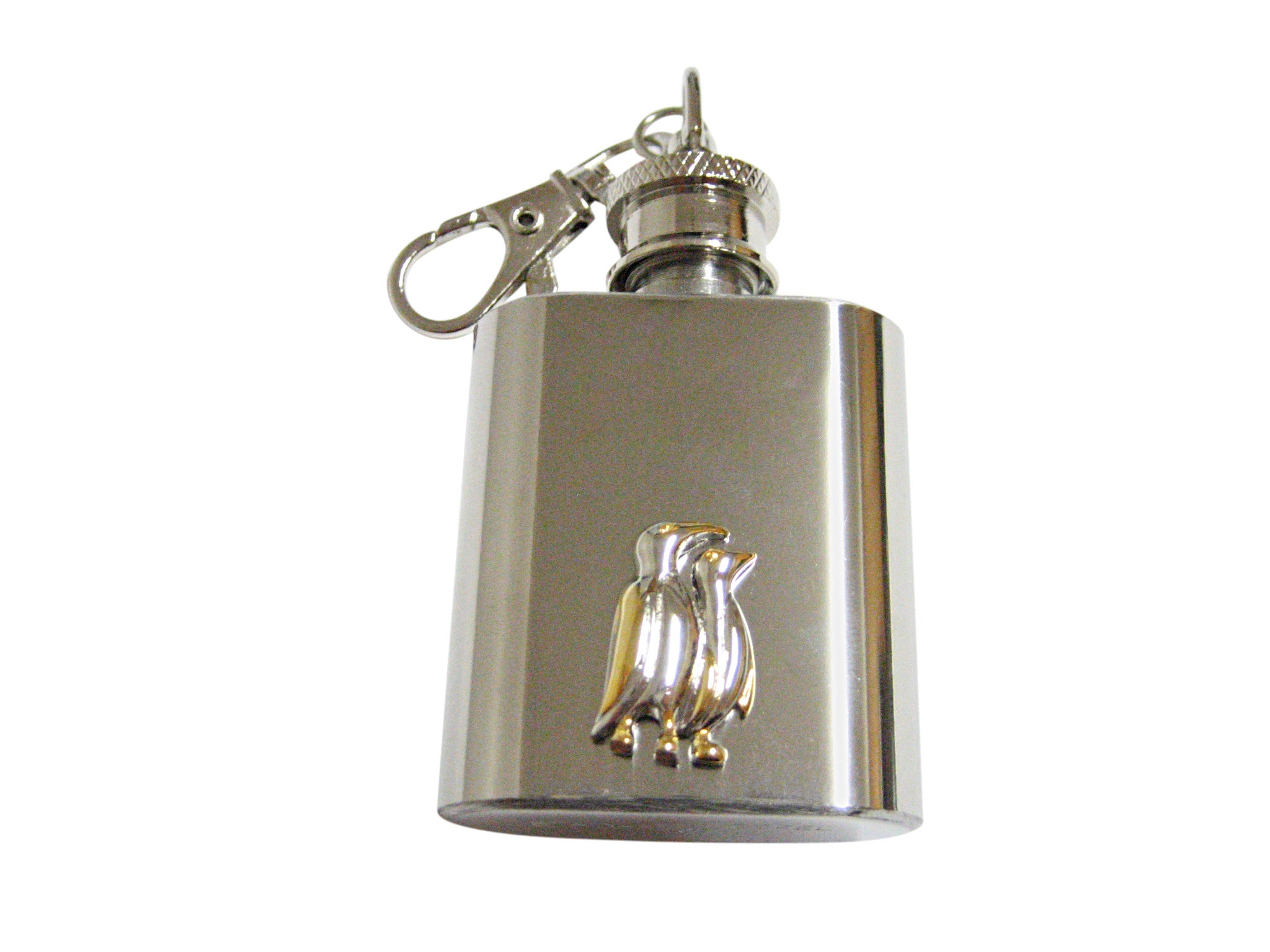 Gold and Silver Toned Penguin Birds 1 Oz. Stainless Steel Key Chain Flask
