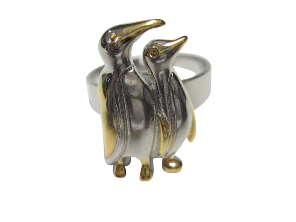 Gold and Silver Toned Penguins Adjustable Size Fashion Ring