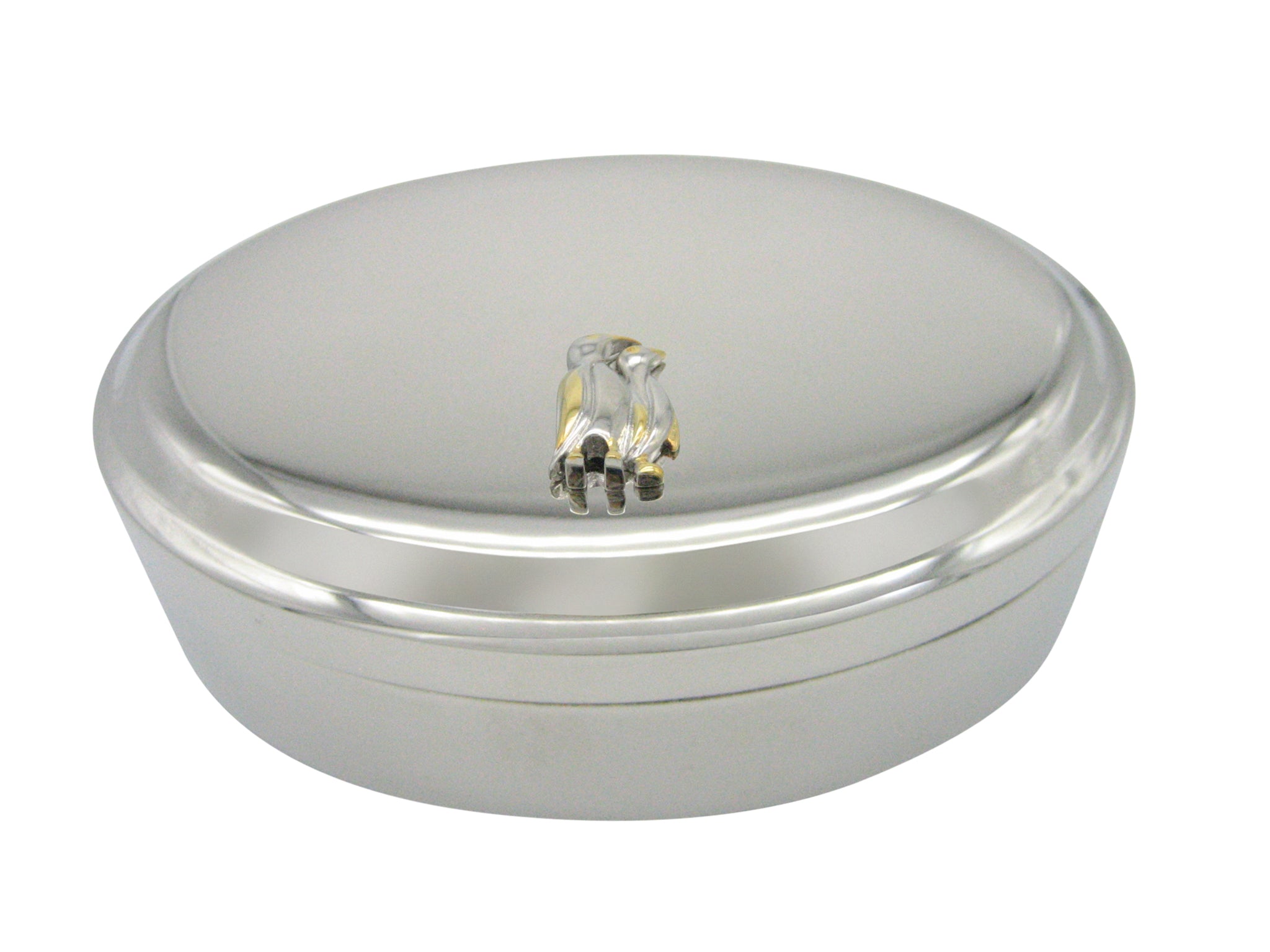 Gold and Silver Toned Penguins Pendant Oval Trinket Jewelry Box