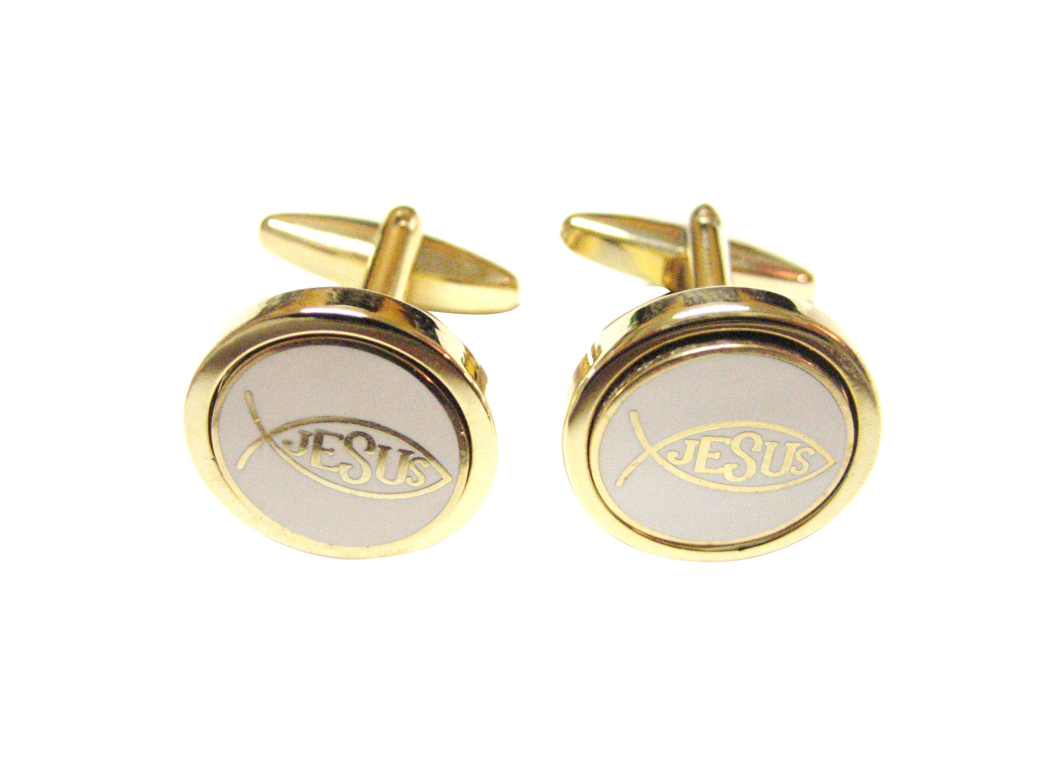 Gold and White Toned Religious Fish Cufflinks
