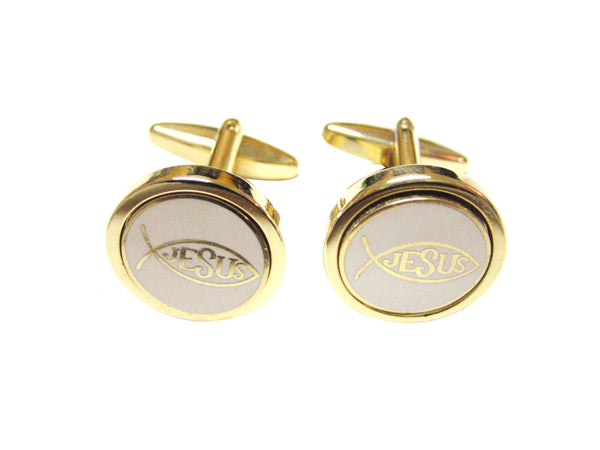 Gold and White Toned Religious Jesus Fish Cufflinks