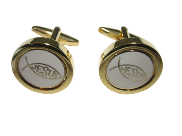 Gold and White Toned Religious Ichthys Jesus Fish Cufflinks