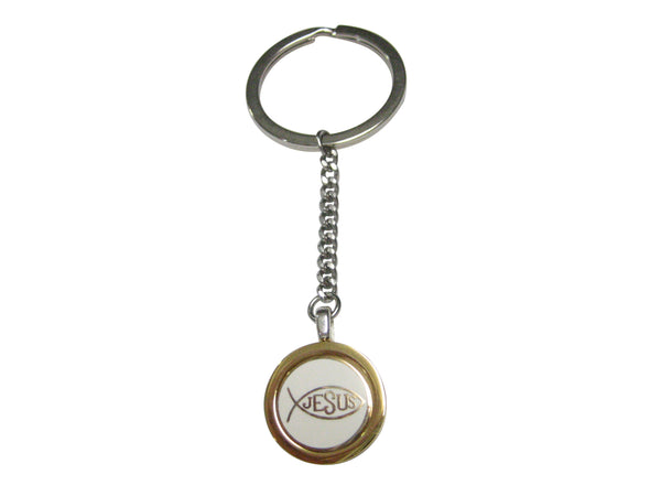 Gold and White Toned Religious Ichthys Jesus Fish Keychain