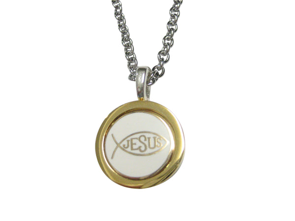 Gold and White Toned Religious Ichthys Jesus Fish Pendant Necklace