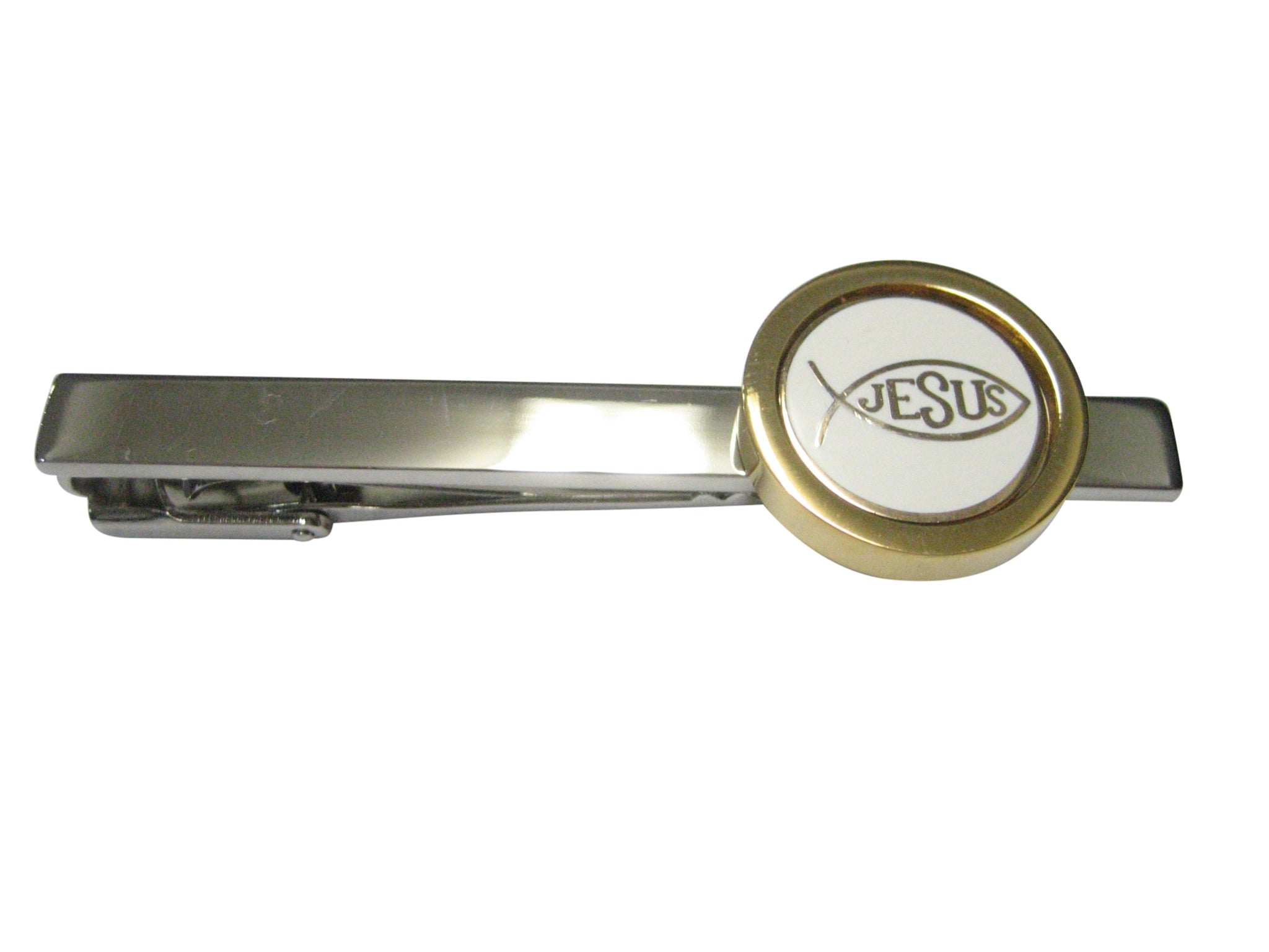Gold and White Toned Religious Ichthys Jesus Fish Tie Clip