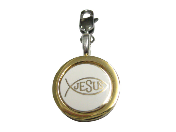 Gold and White Toned Religious Ichthys Jesus Fish Pendant Zipper Pull Charm
