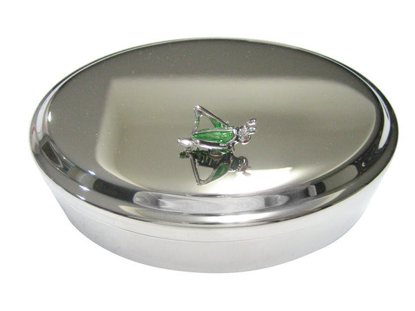 Green and Silver Toned Locust Grasshopper Bug Insect Oval Trinket Jewelry Box