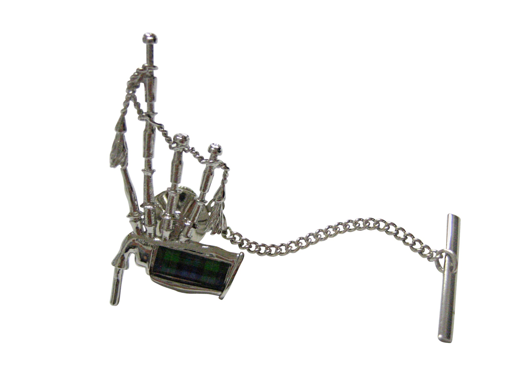 Green and Silver Toned Scottish Bag Pipes Music Instrument Tie Tack