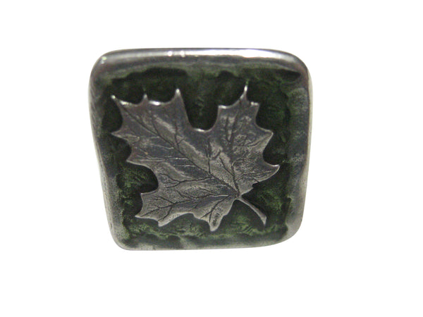 Green and Silver Toned Square Maple Leaf Adjustable Size Fashion Ring