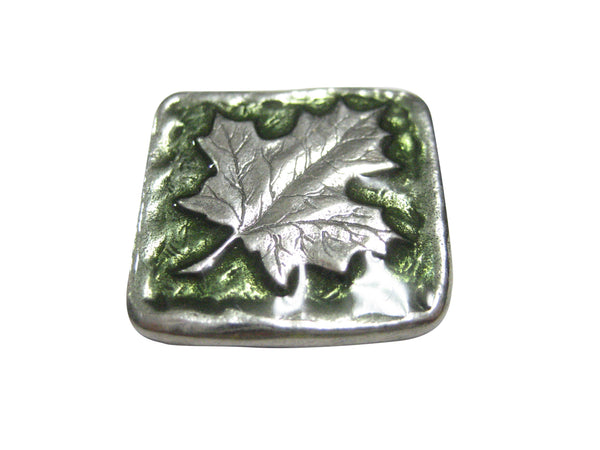 Green and Silver Toned Square Maple Leaf Magnet