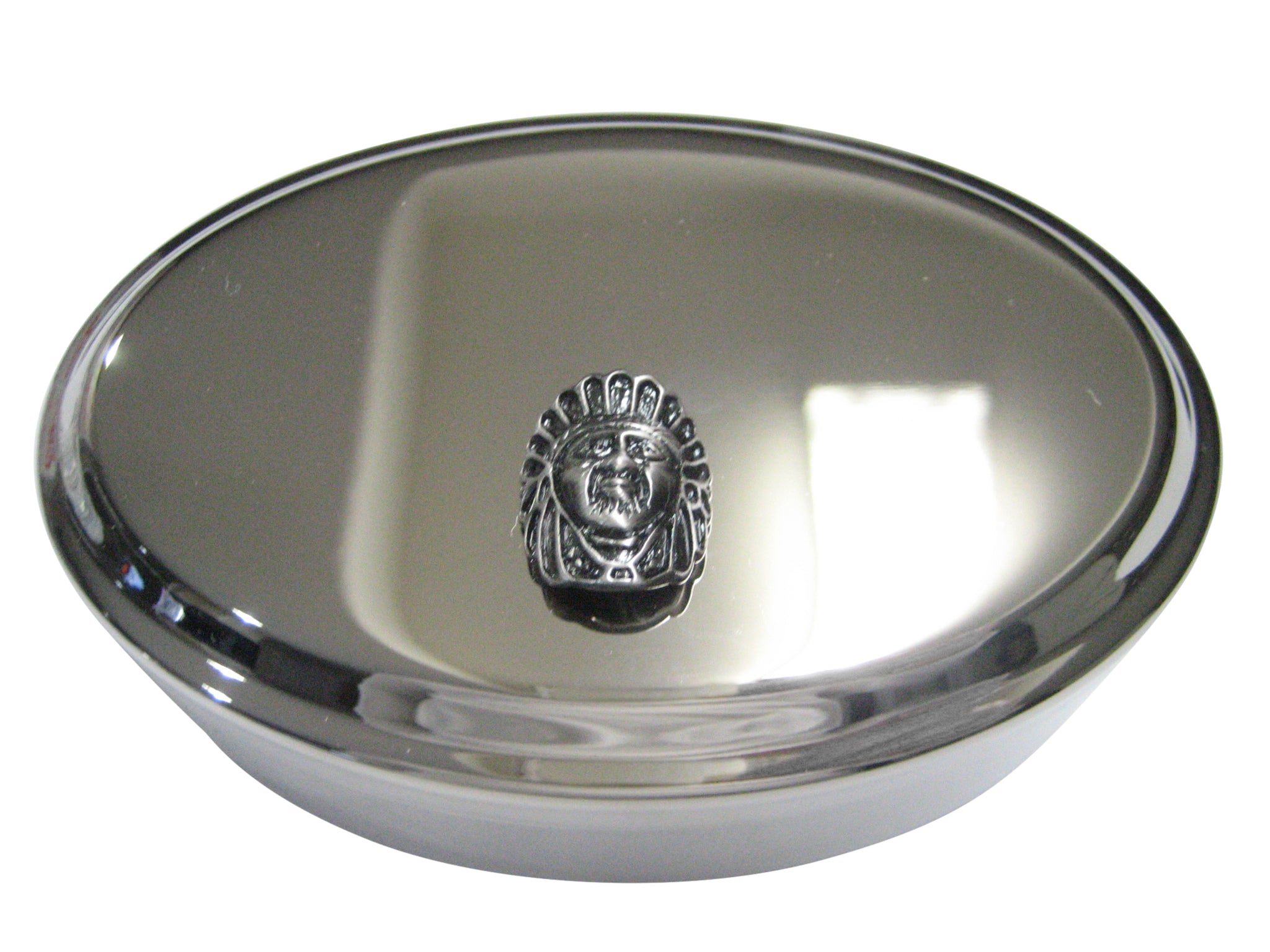 Gunmetal Toned Indian Chief Head Oval Trinket Jewelry Box
