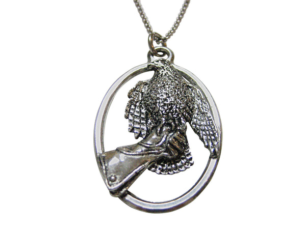 Hawk Bird and Glove Large Oval Pendant Necklace
