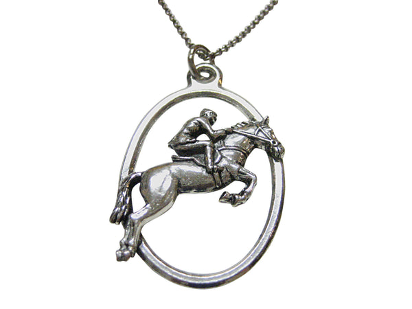 Horse Racing Jockey Large Oval Pendant Necklace