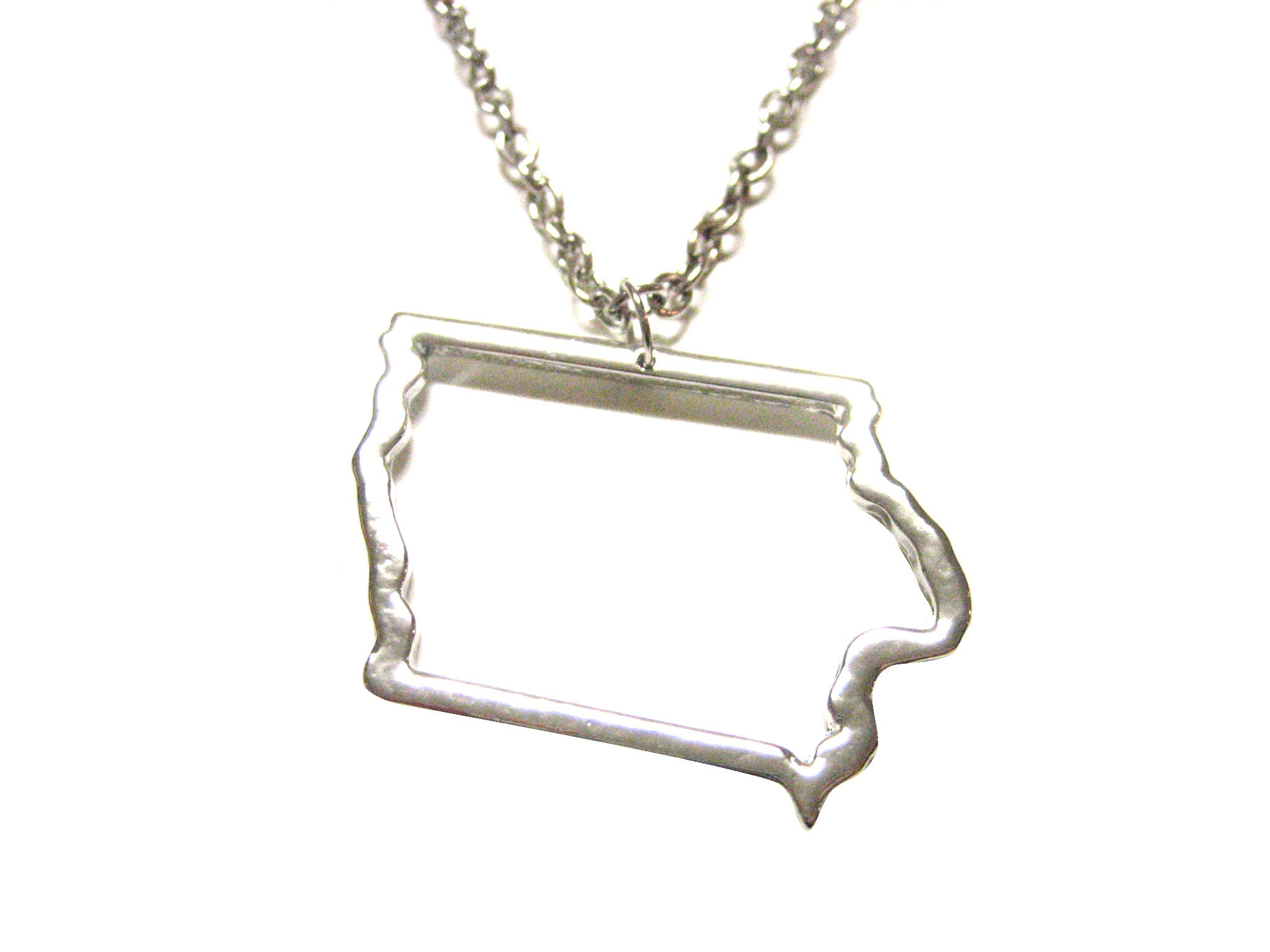 Silver Toned Iowa State Map Outline Pendant Necklace