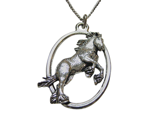 Jumping Wild Horse Large Oval Pendant Necklace