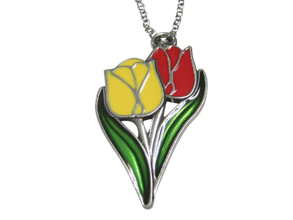 Large Red and Yellow Tulip Flower Pendant Necklace