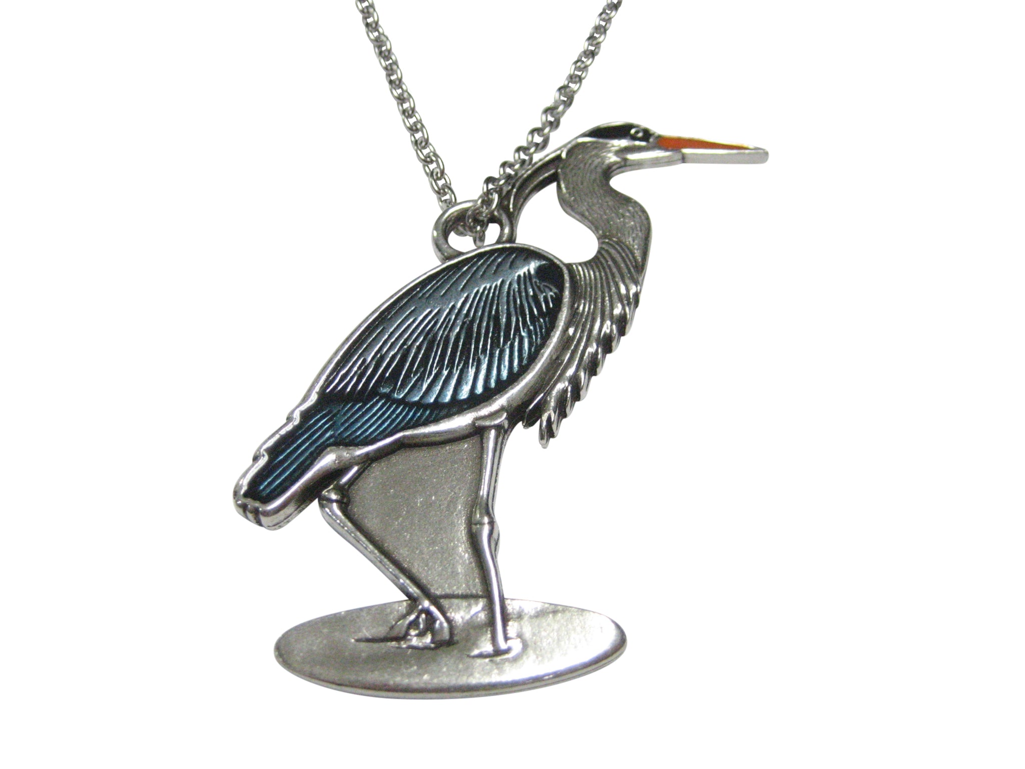 Large Blue Heron Bird Pendant Necklace - Main Image