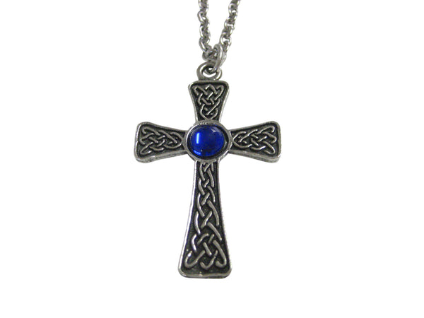 Large Celtic Cross with Blue Center Pendant Necklace
