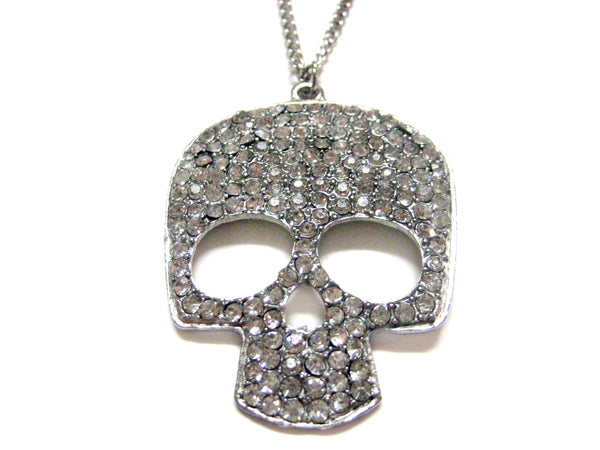 Large Crystallized Silver Toned Skull Pendant Necklace