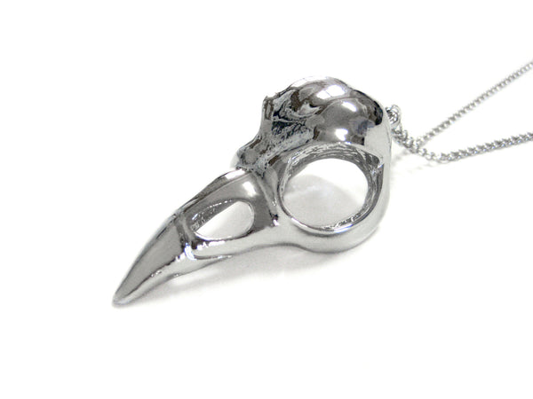 Large Silver Toned Bird Skull Pendant Necklace