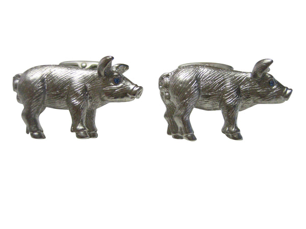 Large Textured Silver Toned Metal Pig Cufflinks
