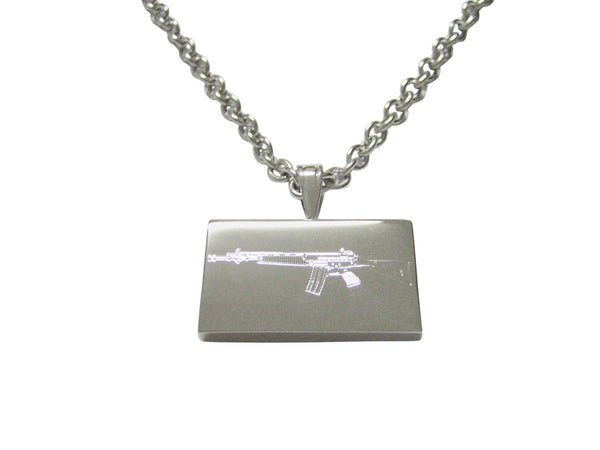 Left Facing Silver Toned Etched AK47 Rifle Pendant Necklace