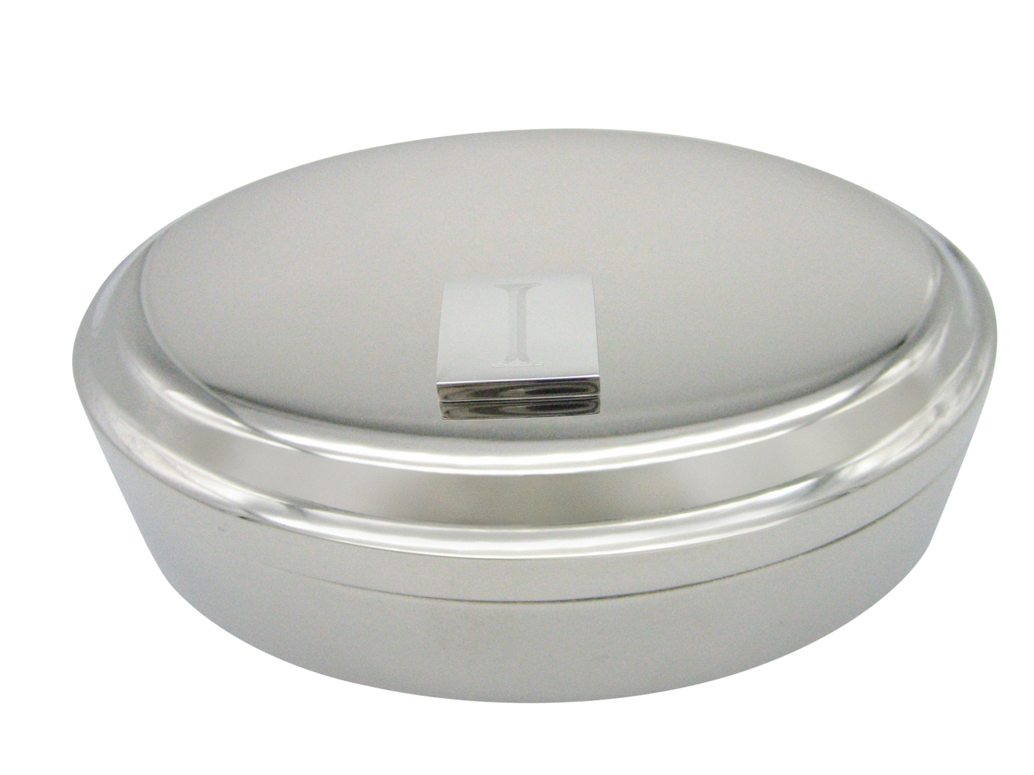 Letter I Etched Monogram Pendant Oval Trinket Jewelry Box