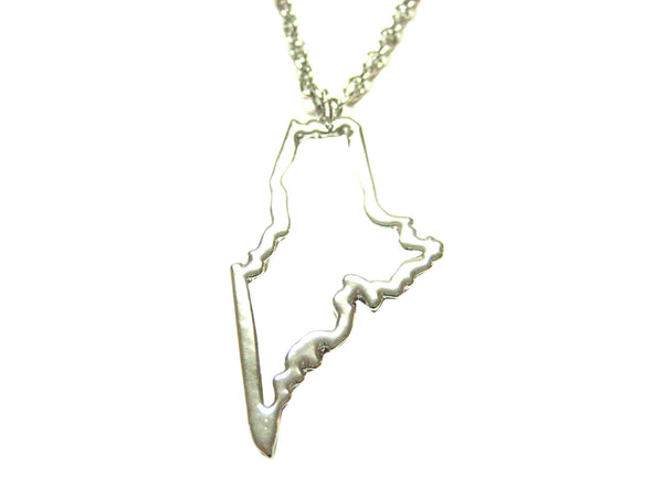 Silver Toned Maine State Map Outline Pendant Necklace