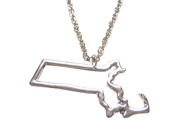 Silver Toned Massachusetts State Map Outline Pendant Necklace