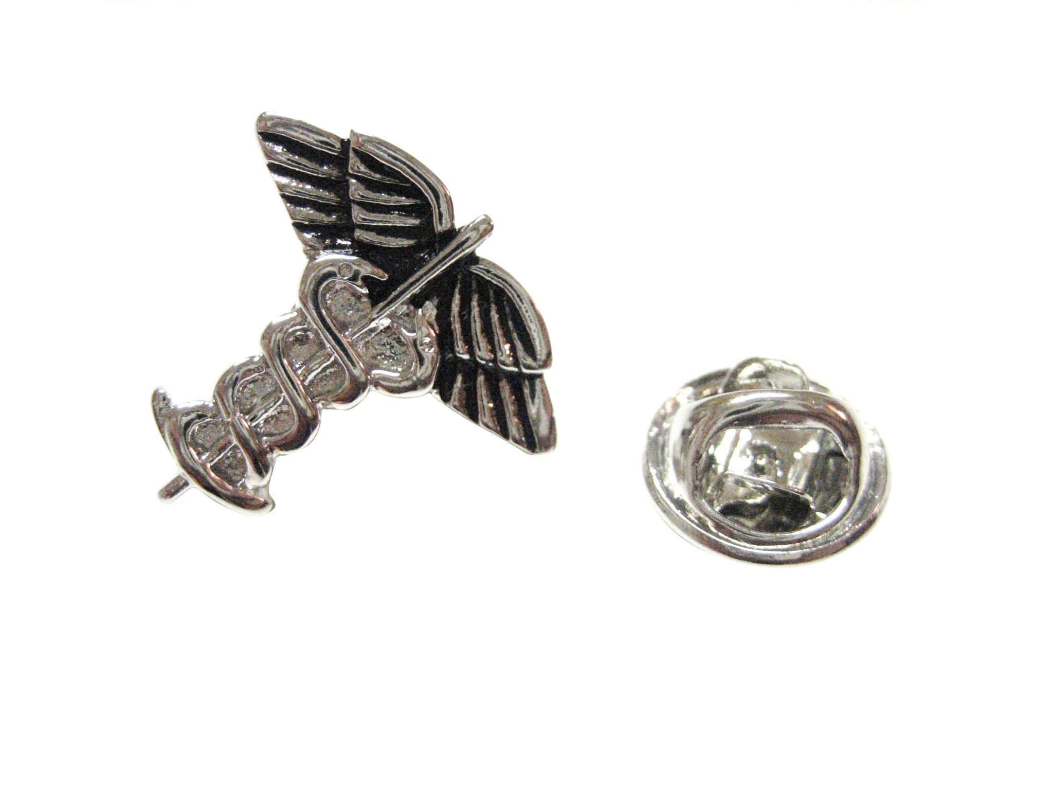 Medical Label Pin Caduceus Silver & Black Toned Medical Symbol Lapel Pin - Kiola Designs
