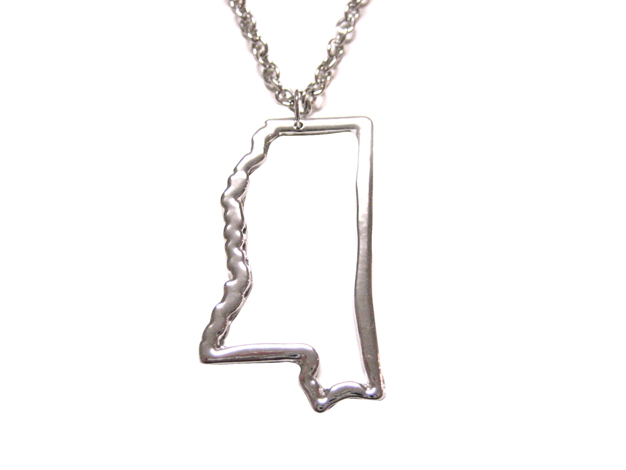 Silver Toned Mississippi State Map Outline Pendant Necklace