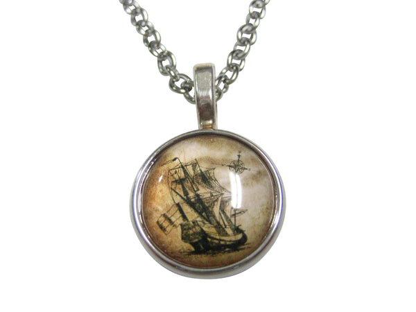 Nautical Old Ship Circular Pendant Necklace