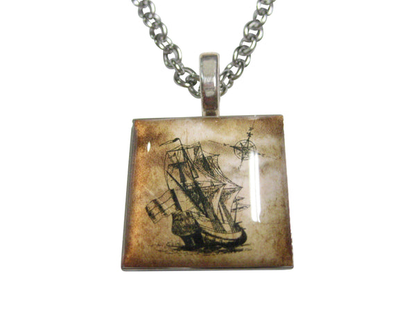 Nautical Old Ship Square Pendant Necklace