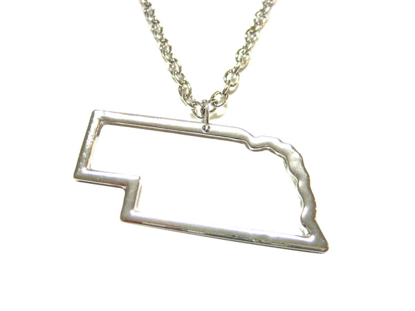 Silver Toned Nebraska State Map Outline Pendant Necklace