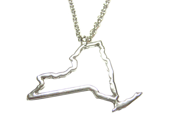Silver Toned New York State Map Outline Pendant Necklace