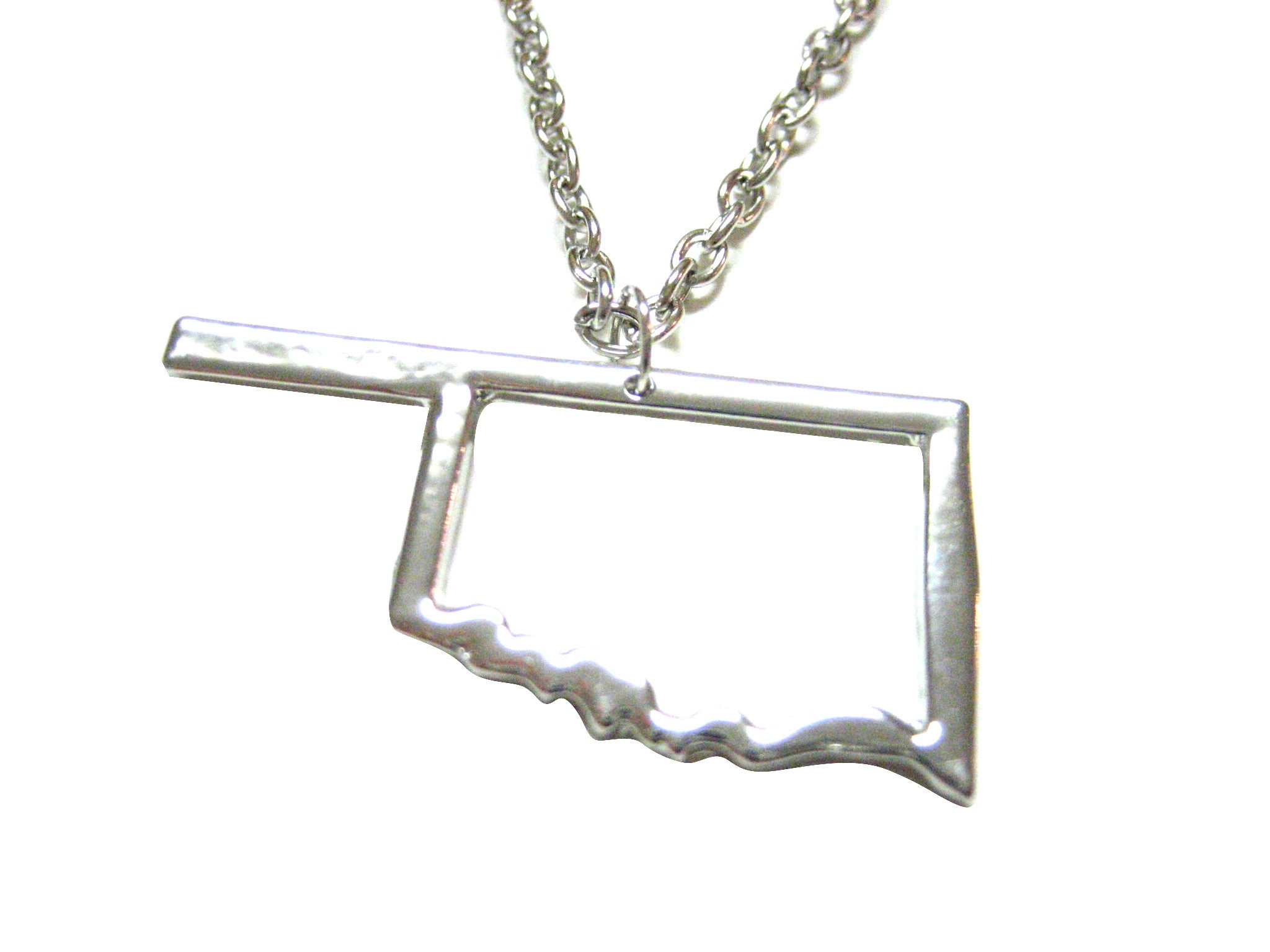 Silver Toned Oklahoma State Map Outline Pendant Necklace