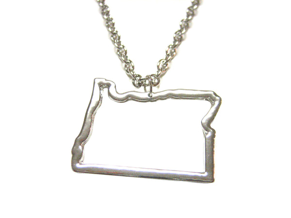 Silver Toned Oregon State Map Outline Pendant Necklace